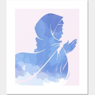 Hijabi Watercolor Sky Blue Cloud Muslim Woman Posters and Art